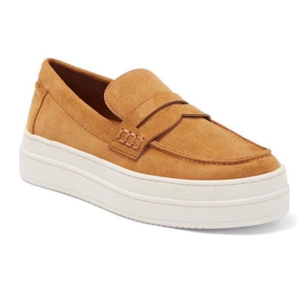Chic J/Slides Cognac Tan Suede Menswear Inspired Platform Loafer Sneakers